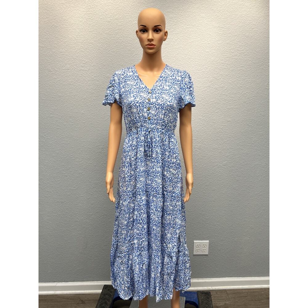 Seta T Women's V Neck Split Hem Short Sleeve Floral Maxi Sundress Blue Small